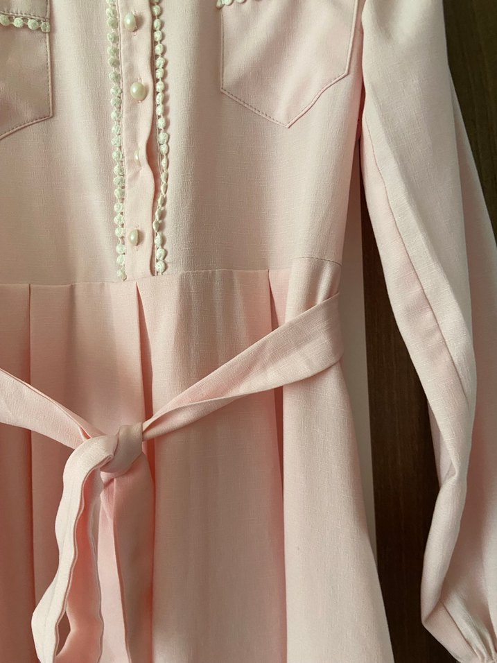 Düğmeli Pembe Uzun Kollu Uzun Elbise - Görsel 4