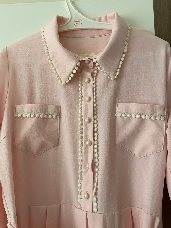 Düğmeli Pembe Uzun Kollu Uzun Elbise - Görsel 2