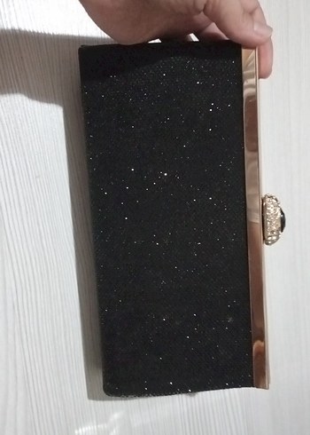 Siyah Parlak simli kumaş Kadın Abiye Çanta - Görsel 2