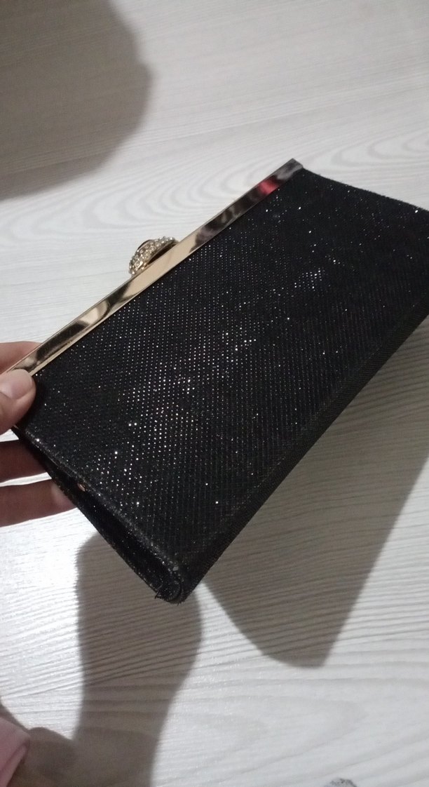 Siyah Parlak simli kumaş Kadın Abiye Çanta - Görsel 5