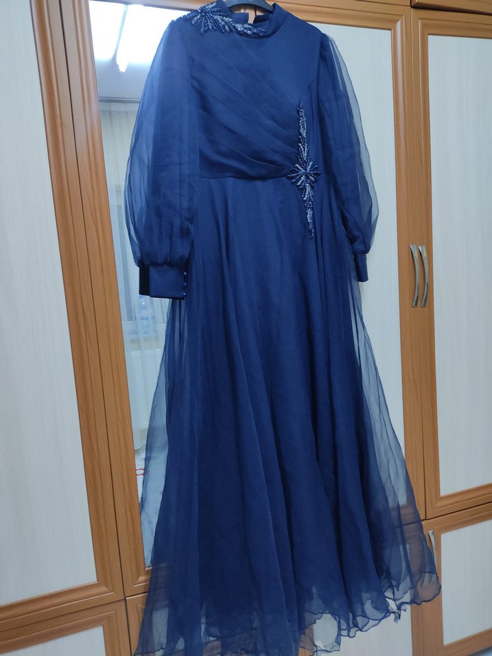 Uzun Lacivert Drapeli Abiye Elbise - Görsel 3