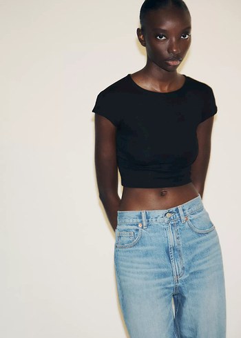 Zara ZARA CROP PAMUK MODAL T-SHIRT Siyah Kısa Kollu Mini Kadın Tişört