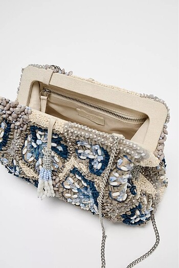  Beden mavi Renk ZARA BONCUKLU CLUTCH ÇANTA