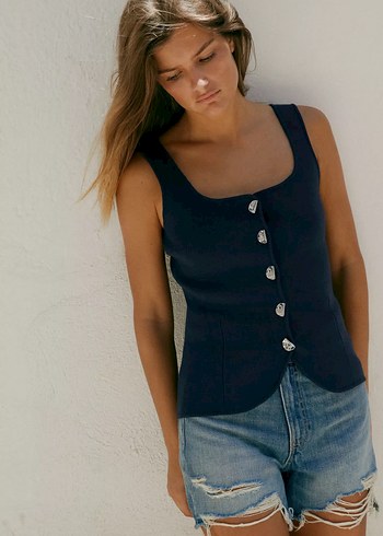Zara DÜZ ÖRGÜ KORSE TOP Düğmeli Lacivert Triko Kadın