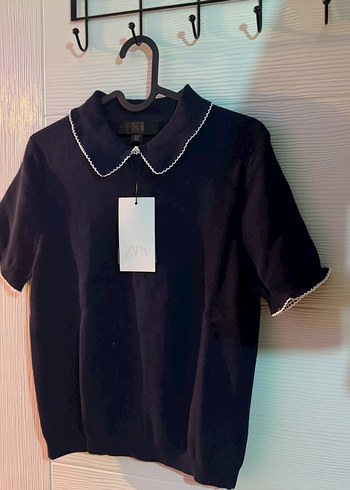 Zara ZARA BİYELİ TRİKO TOP Çizgili Polo Yaka Tişört Lacivert