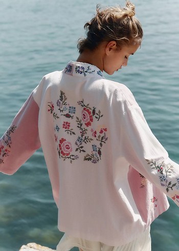 s Beden ZARA ÇİÇEK İŞLEMELİ PAMUKLU KAFTAN Nakışlı Dantel Detaylı Kimono