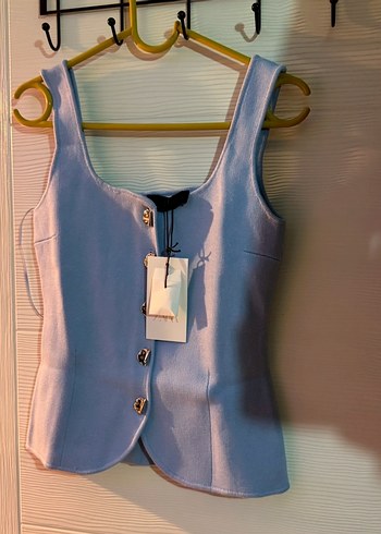 Zara Zara DÜZ ÖRGÜ KORSE TOP Kadın Mavi Mini Denim V Yakalı Atlet