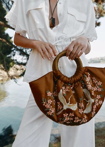 ZARA YELPAZE ÇANTA, ÇİÇEK VE KUŞ NAKIŞLI İşlemeli Kahverengi