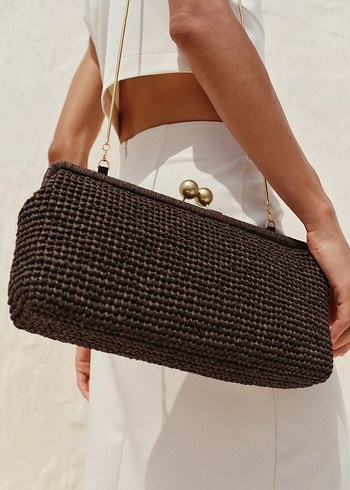  Beden Zara Zincir Detaylı Kahverengi Örgü Kadın Clutch