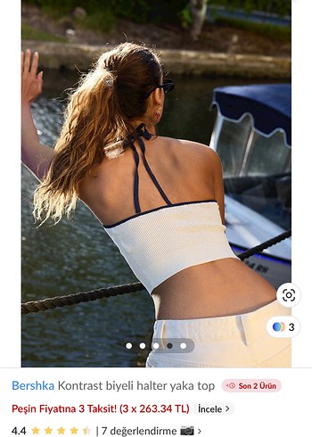 Beyaz Kontrast Biyeli Halter Yaka Örme Mini Üst - Görsel 3