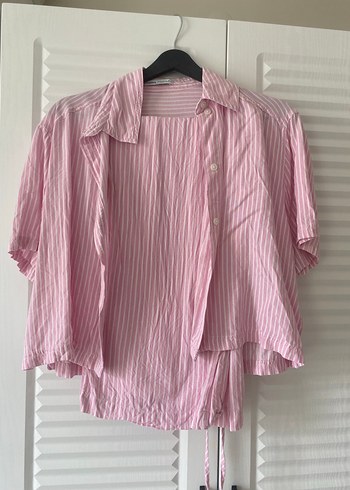 Bershka Pembe Keten takım Piliseli Midi Kadın Gömlek