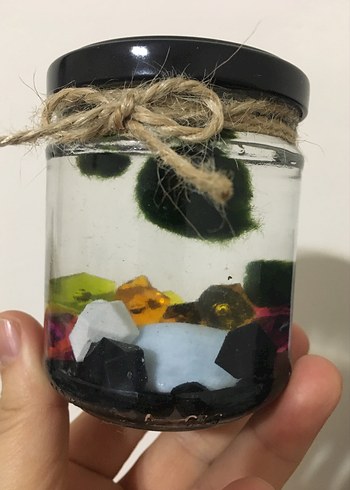 Renkli Taşlı Dekoratif Kavanozunda marimo şans yosunu - Görsel 7