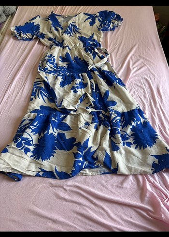 Mavi Bağlama Desenli Uzun Bohem Elbise - Görsel 2