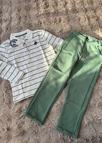 Düğmeli Polo Yaka Yeşil Beyaz Çizgili Beyaz Erkek Çocuk Takımı - Görsel 8