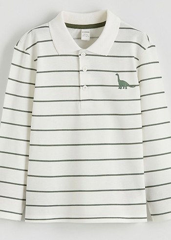 Düğmeli Polo Yaka Yeşil Beyaz Çizgili Beyaz Erkek Çocuk Takımı - Görsel 2