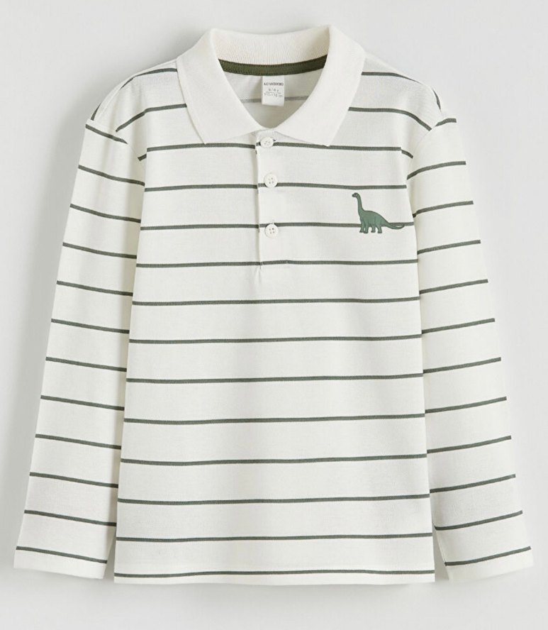 Düğmeli Polo Yaka Yeşil Beyaz Çizgili Beyaz Erkek Çocuk Takımı - Görsel 2