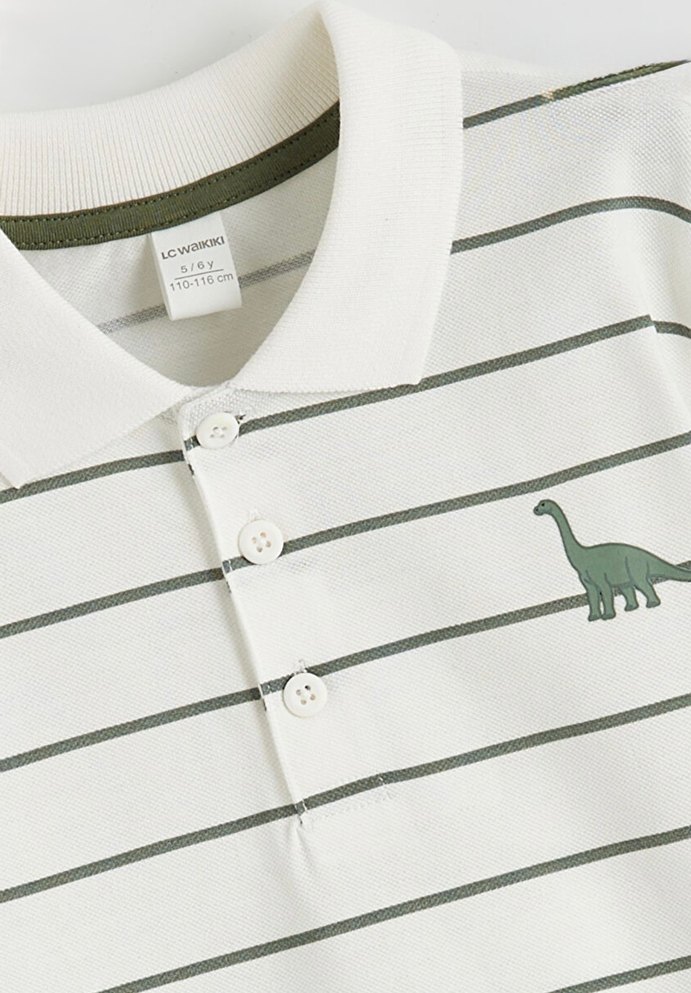 Düğmeli Polo Yaka Yeşil Beyaz Çizgili Beyaz Erkek Çocuk Takımı - Görsel 3