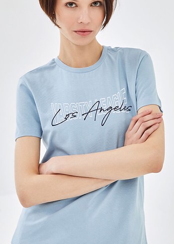 Mavi Baskılı Bisiklet Yaka Kısa Kollu Kadın Tişört S beden(Sıfır - Görsel 2