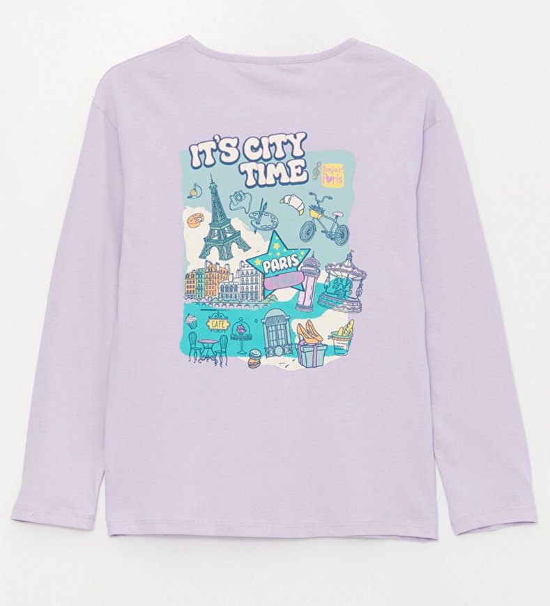 Kız Çocuk Lila Uzun Kollu Bisiklet Yaka Baskılı Tişört 10-11 yaş - Görsel 3