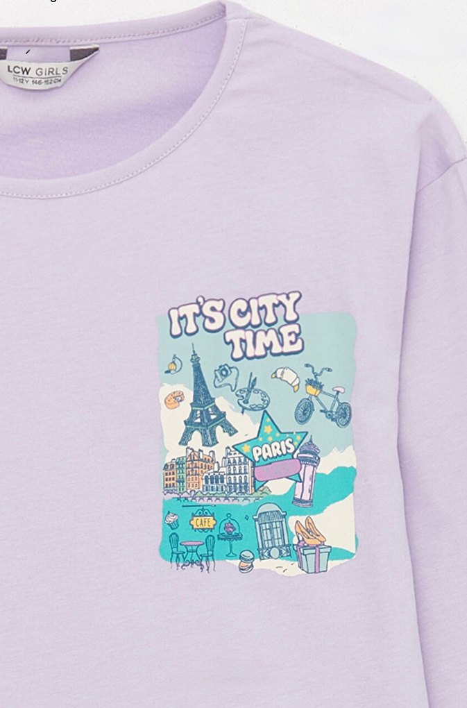 Kız Çocuk Lila Uzun Kollu Bisiklet Yaka Baskılı Tişört 10-11 yaş - Görsel 2