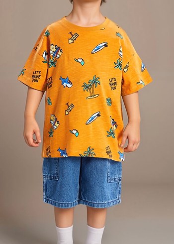 Turuncu Renk Baskılı Bisiklet Yaka Kısa Kol Erkek Çocuk Tişört - Görsel 2