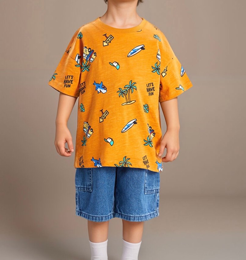 Turuncu Renk Baskılı Bisiklet Yaka Kısa Kol Erkek Çocuk Tişört - Görsel 2