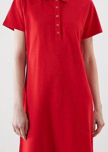 Kırmızı Polo Yaka Pike Elbise Midi Boy 46 Beden (Sıfır) - Görsel 2