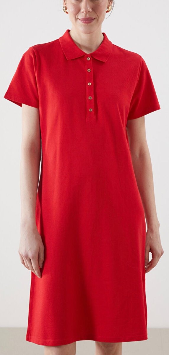 Kırmızı Polo Yaka Pike Elbise Midi Boy 46 Beden (Sıfır) - Görsel 2