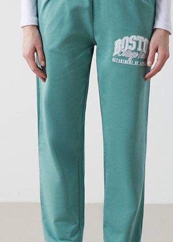 Turkuaz Renk Beli Lastikli Baskılı Cepli Kadın Eşofman Altı L - Görsel 2