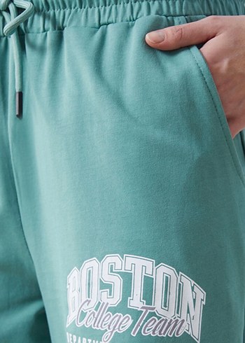 Turkuaz Renk Beli Lastikli Baskılı Cepli Kadın Eşofman Altı L - Görsel 3