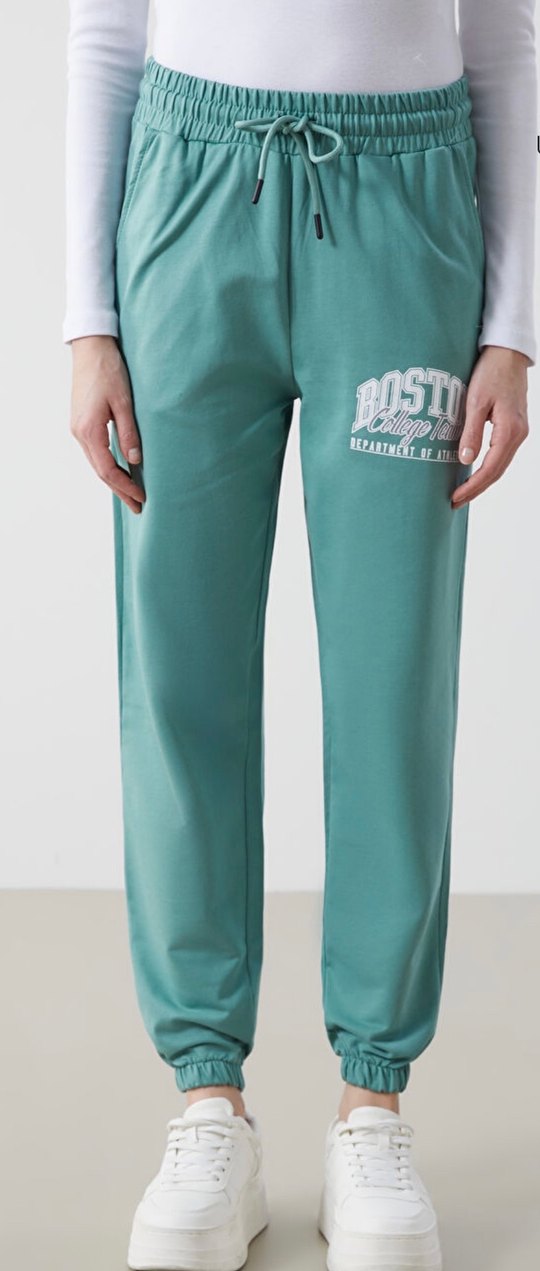 Turkuaz Renk Beli Lastikli Baskılı Cepli Kadın Eşofman Altı L - Görsel 2