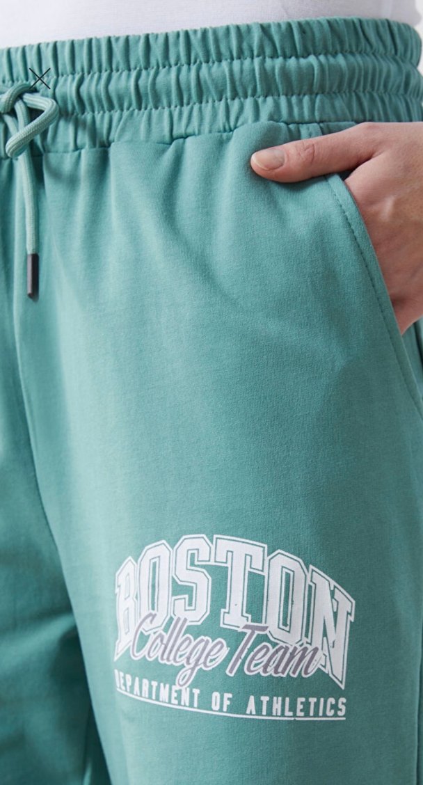 Turkuaz Renk Beli Lastikli Baskılı Cepli Kadın Eşofman Altı L - Görsel 3