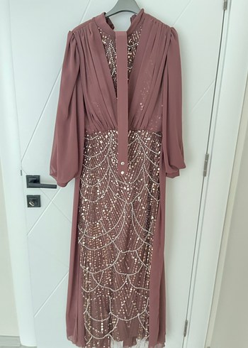 Uzun Kollu İşlemeli Abiye Elbise - Görsel 6