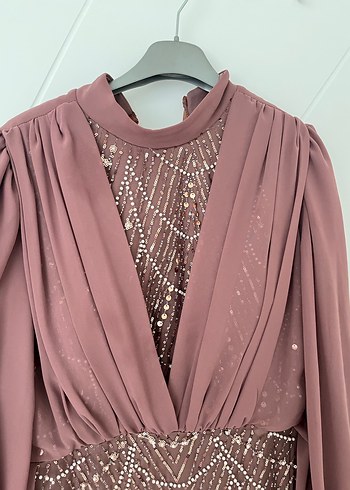 Uzun Kollu İşlemeli Abiye Elbise - Görsel 3