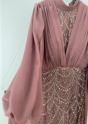 Uzun Kollu İşlemeli Abiye Elbise - Görsel 5