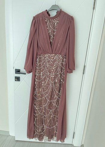 Uzun Kollu İşlemeli Abiye Elbise - Görsel 2