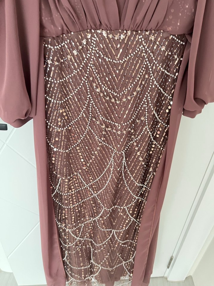 Uzun Kollu İşlemeli Abiye Elbise - Görsel 4