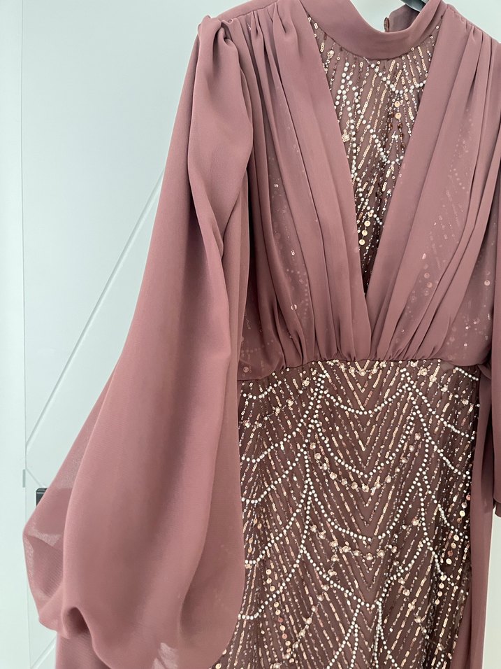 Uzun Kollu İşlemeli Abiye Elbise - Görsel 5