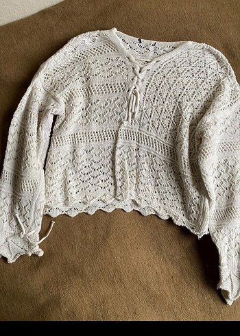 Nakışlı Beyaz Bohem Örgü Kadın Kazak - Görsel 2