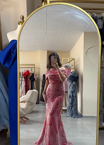 Pembe Drapeli Uzun Glamour Kadın Abiye - Görsel 3