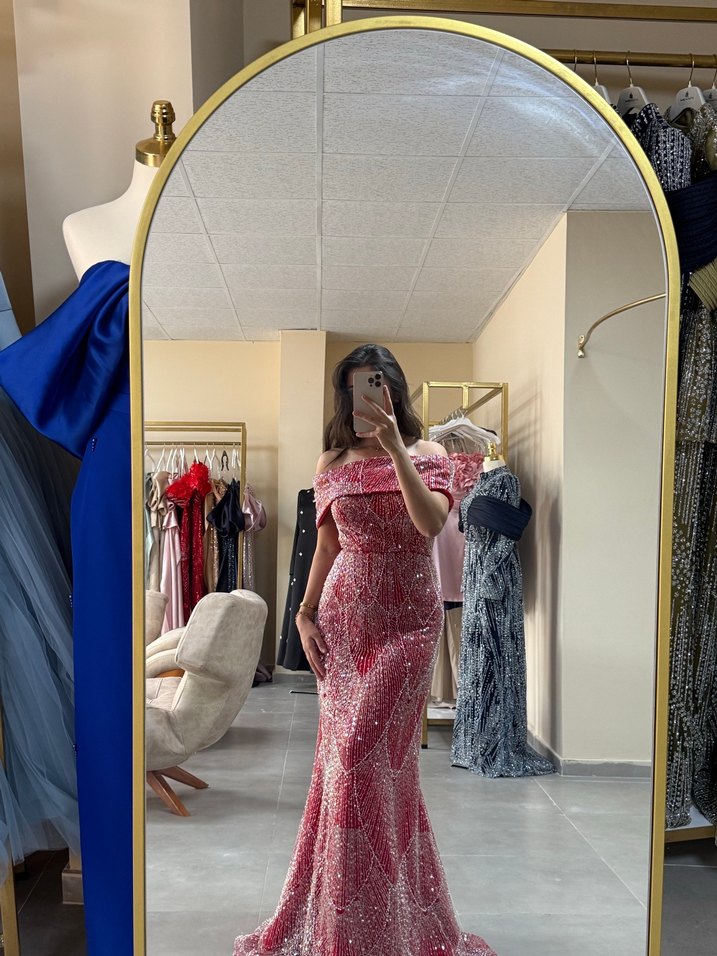 Pembe Drapeli Uzun Glamour Kadın Abiye - Görsel 3