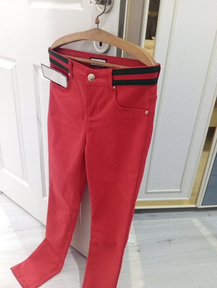 Düğmeli Kadın Kırmızı Kumaş Pantolon - Görsel 5