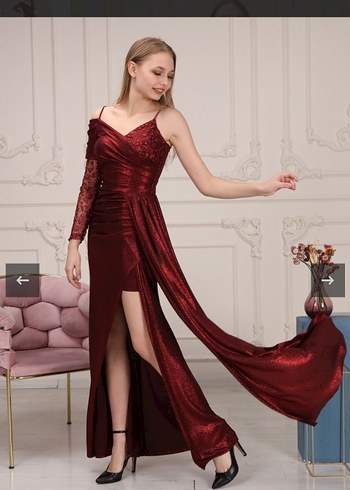 Bordo Drapeli Uzun Abiye Elbise - Görsel 5