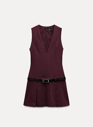 Zara şarap rengi kemerli mini elbise