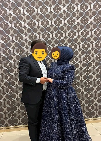 Abiye Uzun Kollu Drapeli Lacivert Desenli Tesettür Elbise