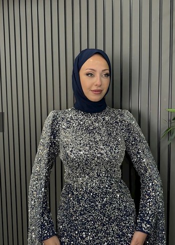 Diğer Uzun Kollu lacivert Abiye Elbise