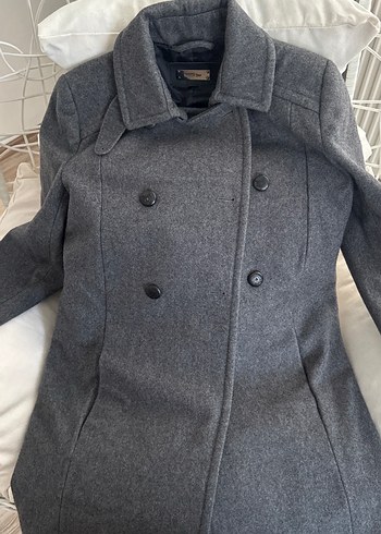 Gri Düğmeli Yün Kadın Kaban - Görsel 2