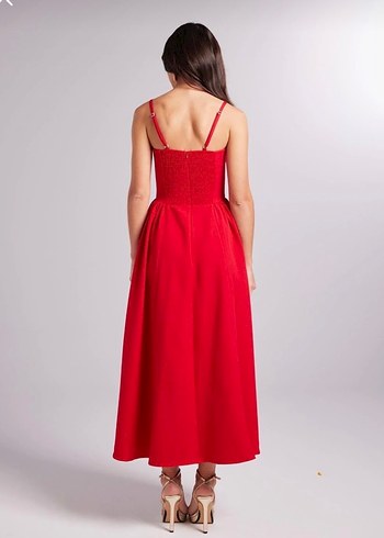 Holly lolly Askılı Gloplu Uzun Bridged Elbise Kırmızı - Görsel 3
