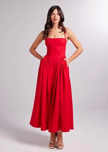 Holly lolly Askılı Gloplu Uzun Bridged Elbise Kırmızı - Görsel 2
