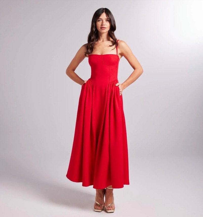 Holly lolly Askılı Gloplu Uzun Bridged Elbise Kırmızı - Görsel 2